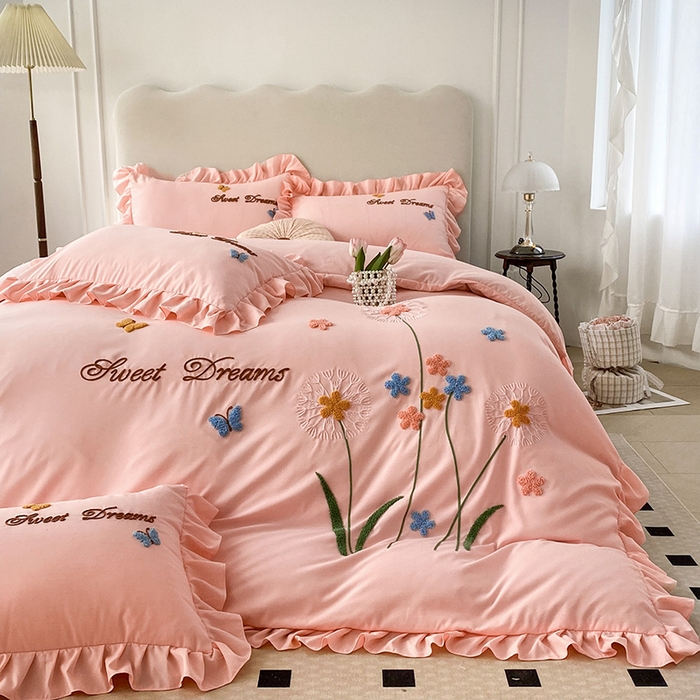 91家纺网 家纺一手货源 找家纺 唐人居 2025新款水洗棉麻刺绣四件套-春意 玉色