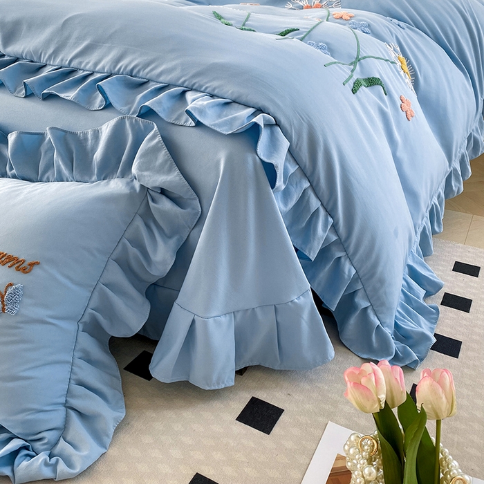 91家纺网 家纺一手货源 找家纺 唐人居 2025新款水洗棉麻刺绣四件套-春意 蓝色