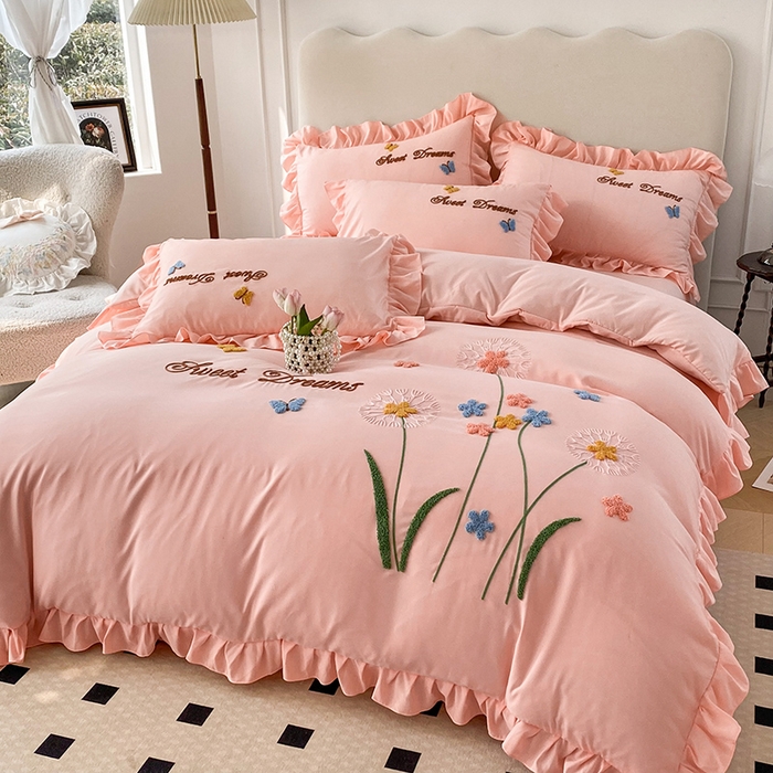 91家纺网 家纺一手货源 找家纺 唐人居 2025新款水洗棉麻刺绣四件套-春意 玉色