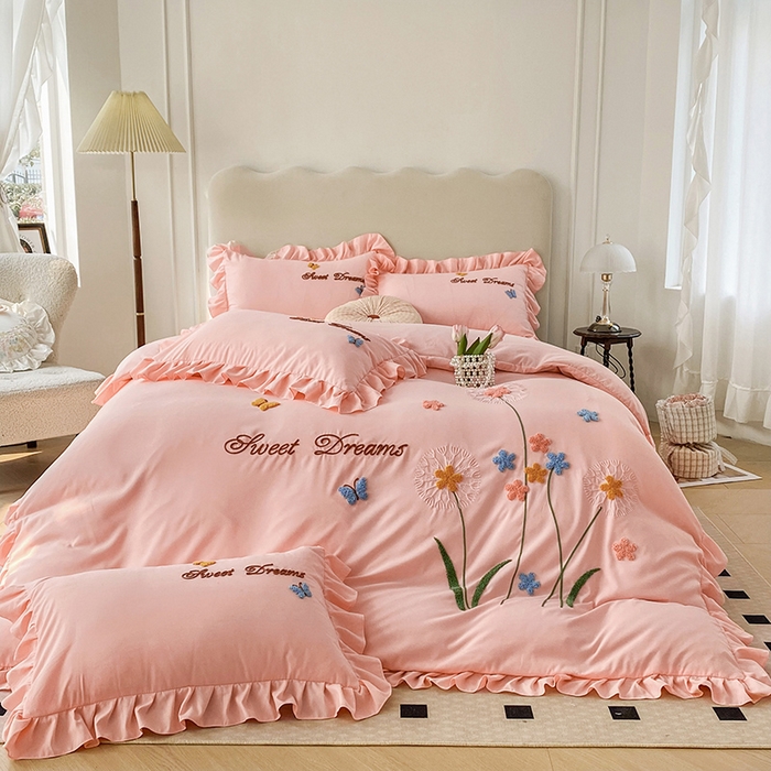 91家纺网 家纺一手货源 找家纺 唐人居 2025新款水洗棉麻刺绣四件套-春意 玉色