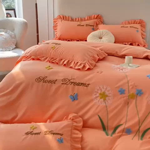 91家纺网 家纺一手货源 找家纺 唐人居 2025新款水洗棉麻刺绣四件套-春意 橙色