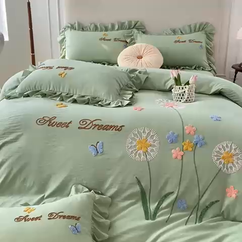 91家纺网 家纺一手货源 找家纺 唐人居 2025新款水洗棉麻刺绣四件套-春意 绿色