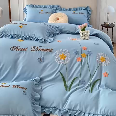 91家纺网 家纺一手货源 找家纺 唐人居 2025新款水洗棉麻刺绣四件套-春意 蓝色