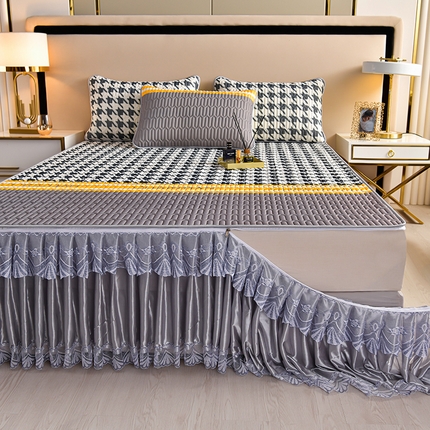 诺梵  24新品可拆卸床裙凉感冰丝乳胶凉席三件套直播爆款 千鸟格