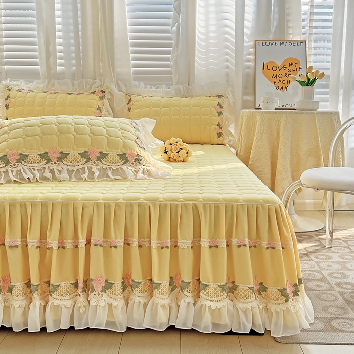 91家纺网 家纺一手货源 找家纺 罗艺轩 2024新款夹棉床裙施华洛系列四件套 施华洛-亮黄