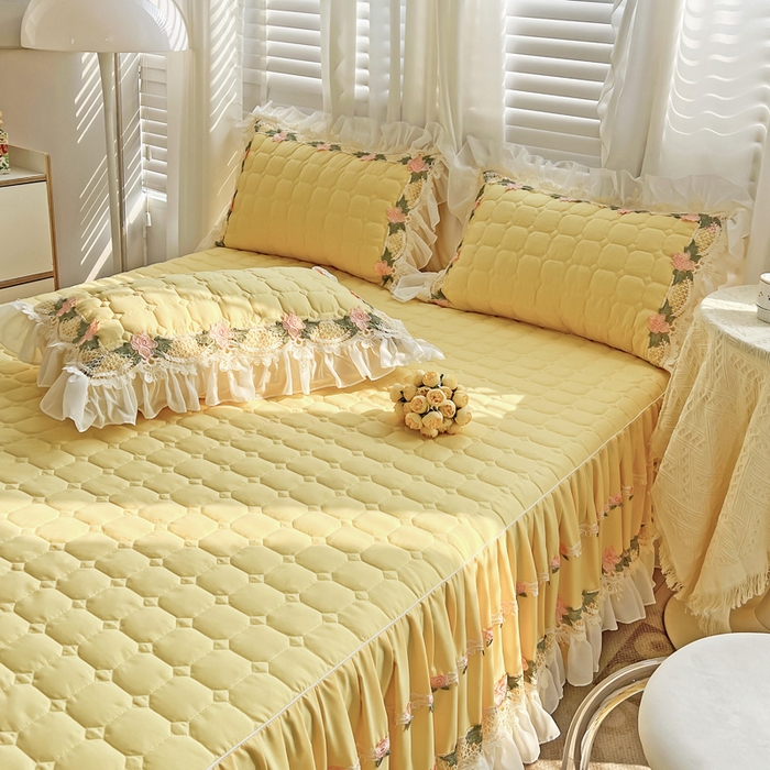 91家纺网 家纺一手货源 找家纺 罗艺轩 2024新款夹棉床裙施华洛系列四件套 施华洛-亮黄