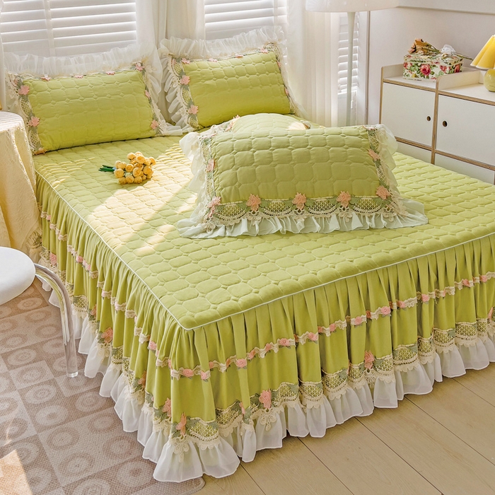 91家纺网 家纺一手货源 找家纺 罗艺轩 2024新款夹棉床裙施华洛系列四件套 施华洛-果绿