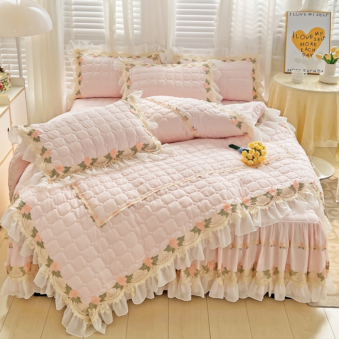 91家纺网 家纺一手货源 找家纺 罗艺轩 2024新款夹棉床裙施华洛系列四件套 施华洛-浅粉