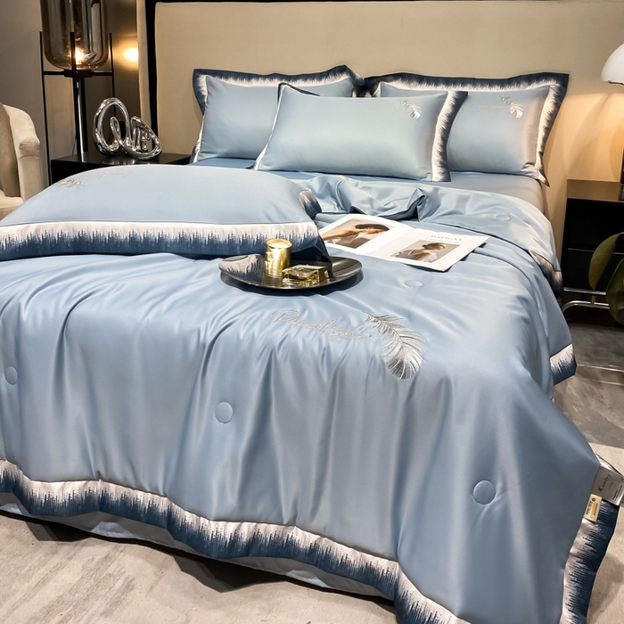 91家纺网 家纺一手货源 找家纺 露梦家纺 大牌轻奢款水洗真丝刺绣数码宽边夏被四件套-羽墨 羽墨-海青