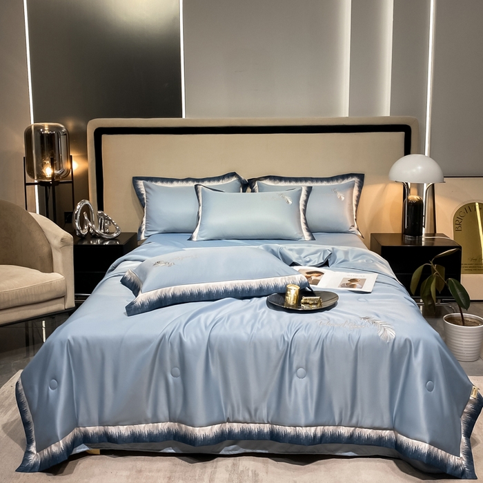 91家纺网 家纺一手货源 找家纺 露梦家纺 大牌轻奢款水洗真丝刺绣数码宽边夏被四件套-羽墨 羽墨-海青