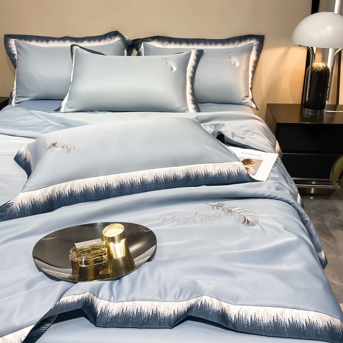 91家纺网 家纺一手货源 找家纺 露梦家纺 大牌轻奢款水洗真丝刺绣数码宽边夏被四件套-羽墨 羽墨-海青