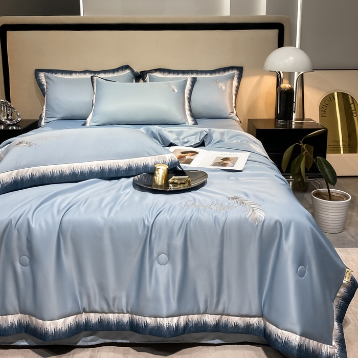 91家纺网 家纺一手货源 找家纺 露梦家纺 大牌轻奢款水洗真丝刺绣数码宽边夏被四件套-羽墨 羽墨-海青