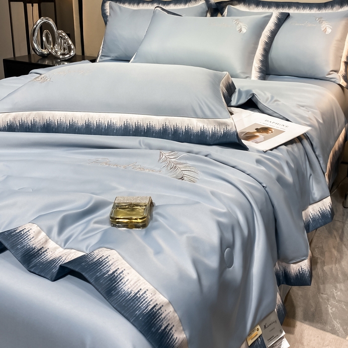 91家纺网 家纺一手货源 找家纺 露梦家纺 大牌轻奢款水洗真丝刺绣数码宽边夏被四件套-羽墨 羽墨-海青