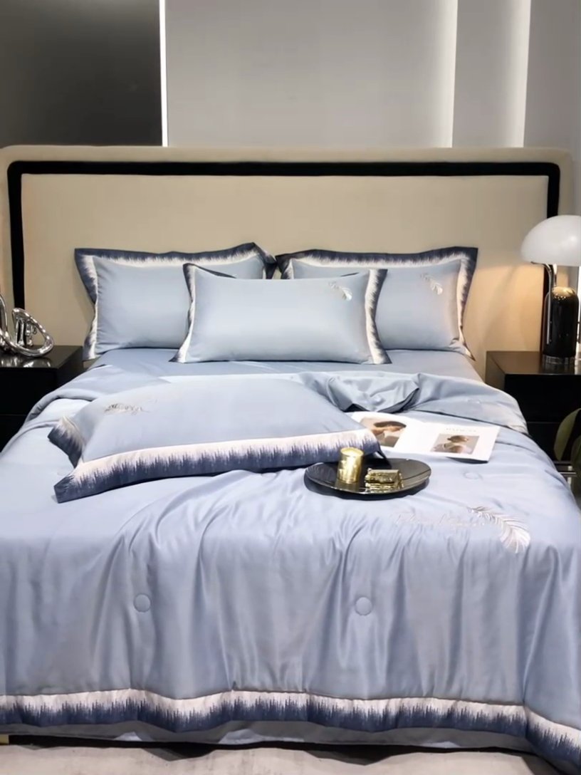 91家纺网 家纺一手货源 找家纺 露梦家纺 大牌轻奢款水洗真丝刺绣数码宽边夏被四件套-羽墨 羽墨-海青