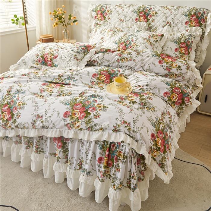 91家纺网 家纺一手货源 找家纺 十个点 2024新款全棉印花夹棉韩版蕾丝床裙床头罩四件套 纯爱