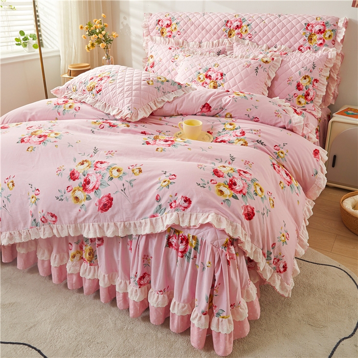 91家纺网 家纺一手货源 找家纺 十个点 2024新款全棉印花夹棉韩版蕾丝床裙床头罩四件套 红粉佳人