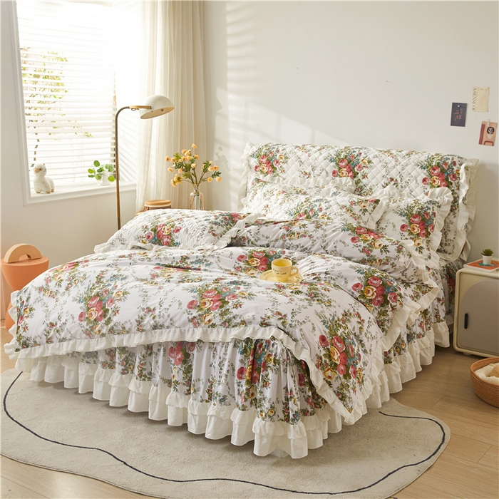 91家纺网 家纺一手货源 找家纺 十个点 2024新款全棉印花夹棉韩版蕾丝床裙床头罩四件套 纯爱