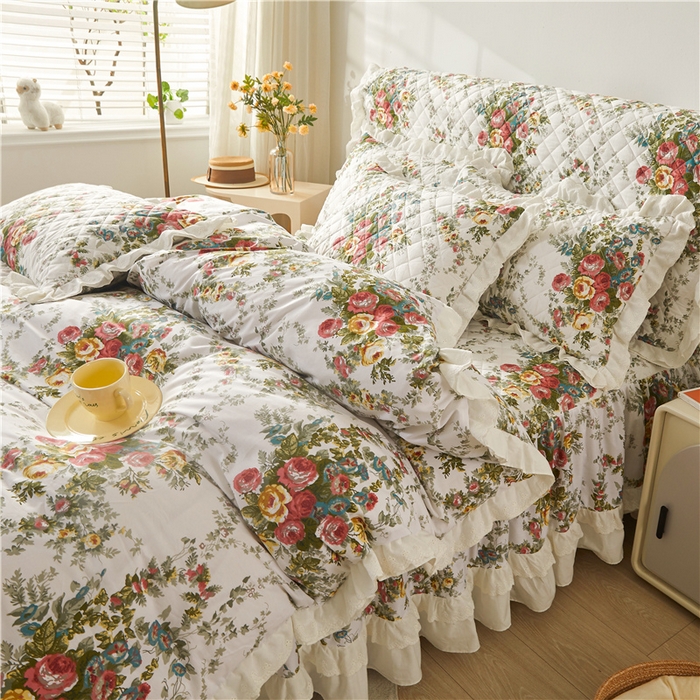 91家纺网 家纺一手货源 找家纺 十个点 2024新款全棉印花夹棉韩版蕾丝床裙床头罩四件套 纯爱