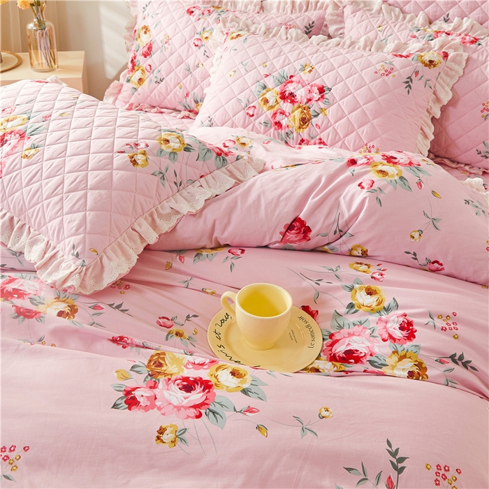 91家纺网 家纺一手货源 找家纺 十个点 2024新款全棉印花夹棉韩版蕾丝床裙床头罩四件套 红粉佳人