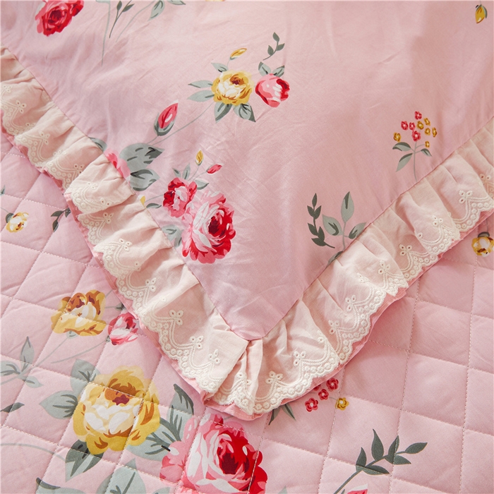 91家纺网 家纺一手货源 找家纺 十个点 2024新款全棉印花夹棉韩版蕾丝床裙床头罩四件套 红粉佳人