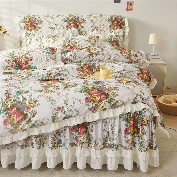 91家纺网 家纺一手货源 找家纺 十个点 2024新款全棉印花夹棉韩版蕾丝床裙床头罩四件套 纯爱