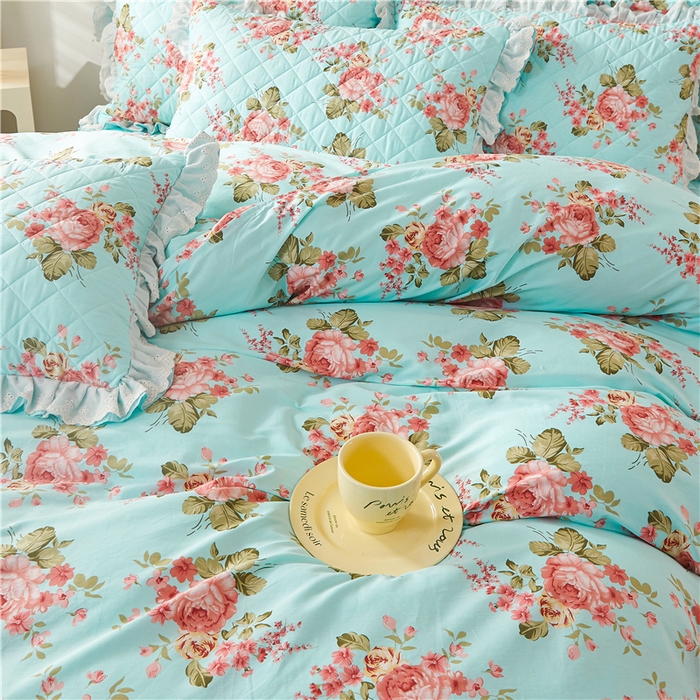 91家纺网 家纺一手货源 找家纺 十个点 2024新款全棉印花夹棉韩版蕾丝床裙床头罩四件套 兰若秋思