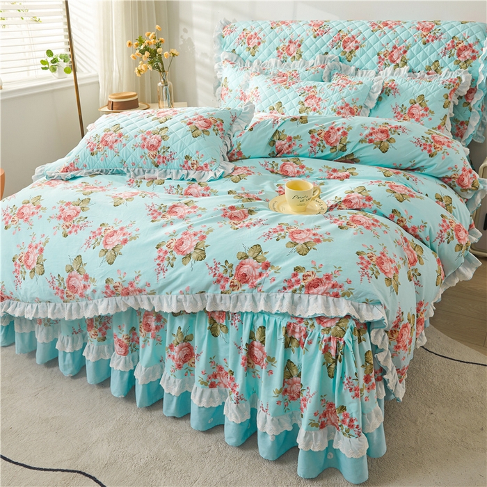 91家纺网 家纺一手货源 找家纺 十个点 2024新款全棉印花夹棉韩版蕾丝床裙床头罩四件套 兰若秋思