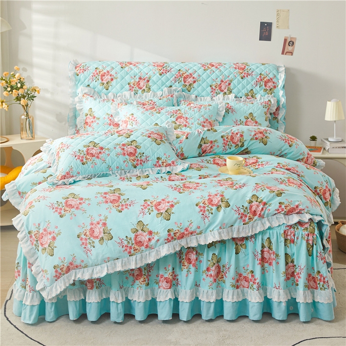 91家纺网 家纺一手货源 找家纺 十个点 2024新款全棉印花夹棉韩版蕾丝床裙床头罩四件套 兰若秋思