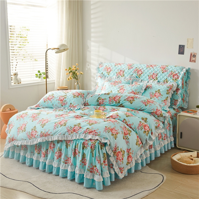 91家纺网 家纺一手货源 找家纺 十个点 2024新款全棉印花夹棉韩版蕾丝床裙床头罩四件套 兰若秋思