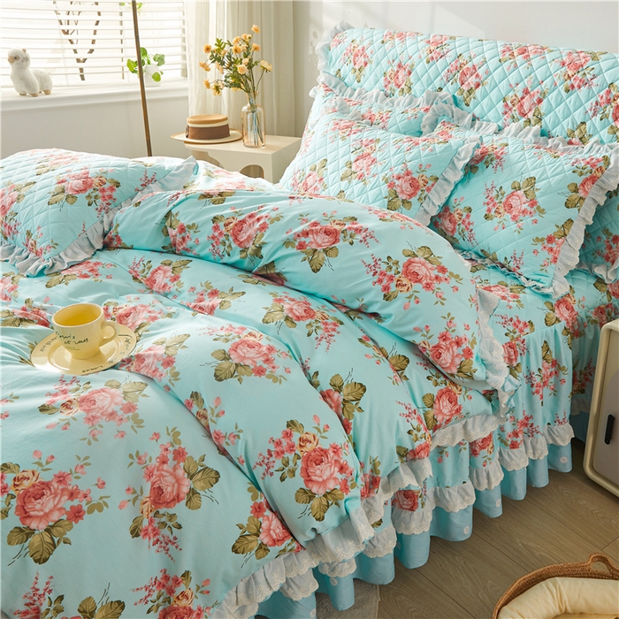 91家纺网 家纺一手货源 找家纺 十个点 2024新款全棉印花夹棉韩版蕾丝床裙床头罩四件套 兰若秋思