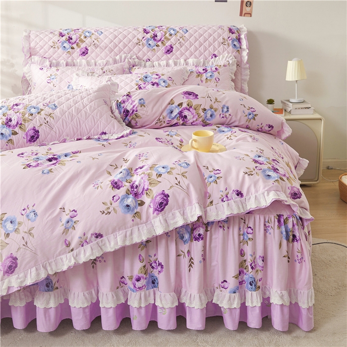 91家纺网 家纺一手货源 找家纺 十个点 2024新款全棉印花夹棉韩版蕾丝床裙床头罩四件套 紫色恋人