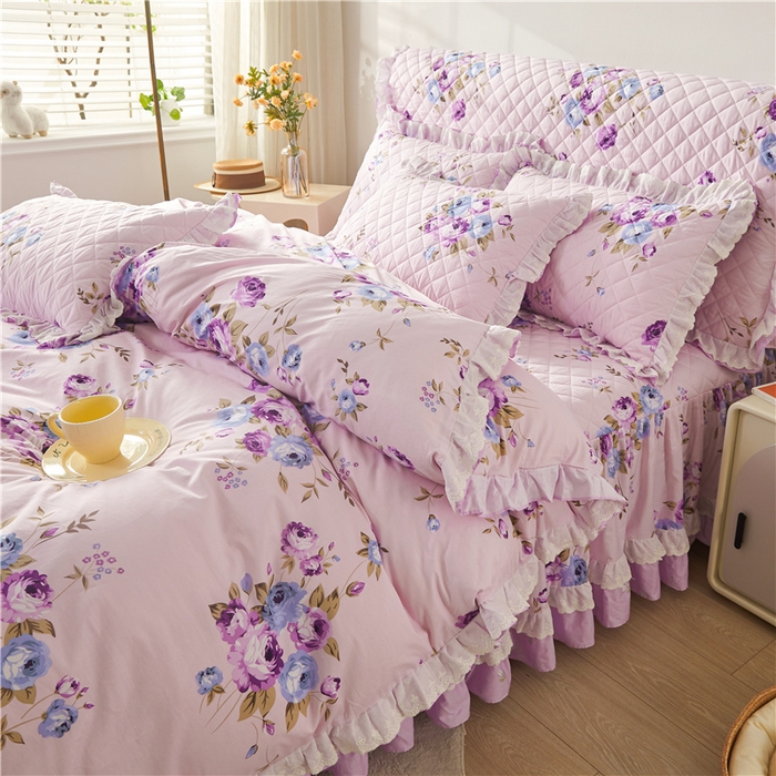 91家纺网 家纺一手货源 找家纺 十个点 2024新款全棉印花夹棉韩版蕾丝床裙床头罩四件套 紫色恋人