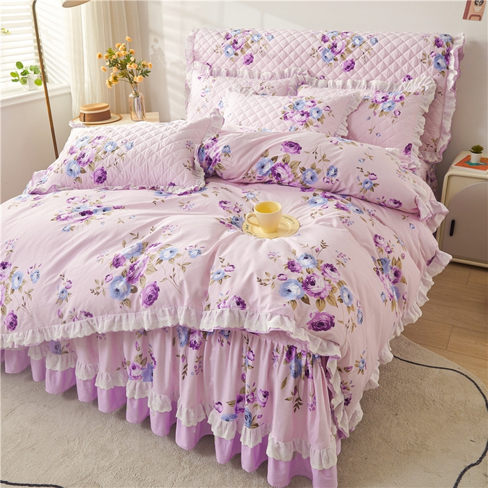 91家纺网 家纺一手货源 找家纺 十个点 2024新款全棉印花夹棉韩版蕾丝床裙床头罩四件套 紫色恋人