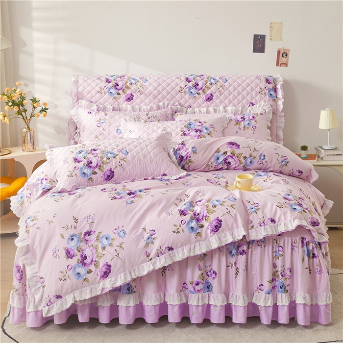 91家纺网 家纺一手货源 找家纺 十个点 2024新款全棉印花夹棉韩版蕾丝床裙床头罩四件套 紫色恋人