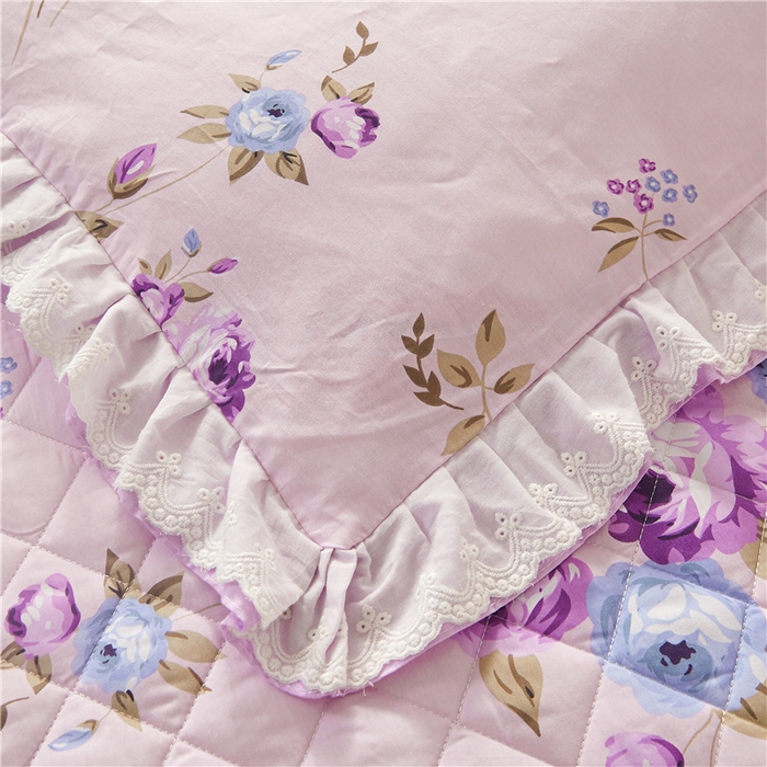 91家纺网 家纺一手货源 找家纺 十个点 2024新款全棉印花夹棉韩版蕾丝床裙床头罩四件套 紫色恋人