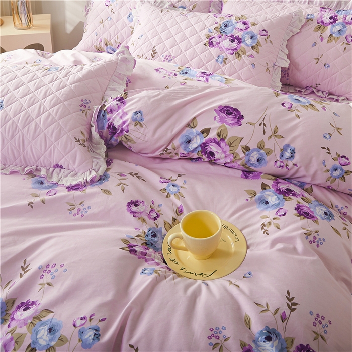 91家纺网 家纺一手货源 找家纺 十个点 2024新款全棉印花夹棉韩版蕾丝床裙床头罩四件套 紫色恋人