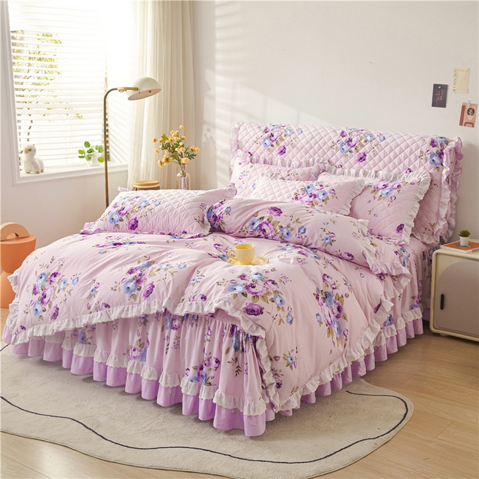 91家纺网 家纺一手货源 找家纺 十个点 2024新款全棉印花夹棉韩版蕾丝床裙床头罩四件套 紫色恋人