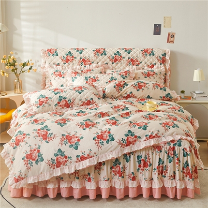 91家纺网 家纺一手货源 找家纺 （总）十个点 2024新款全棉印花夹棉韩版蕾丝床裙床头罩四件套