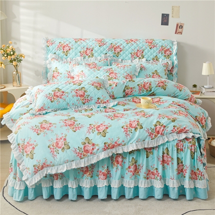 91家纺网 家纺一手货源 找家纺 （总）十个点 2024新款全棉印花夹棉韩版蕾丝床裙床头罩四件套