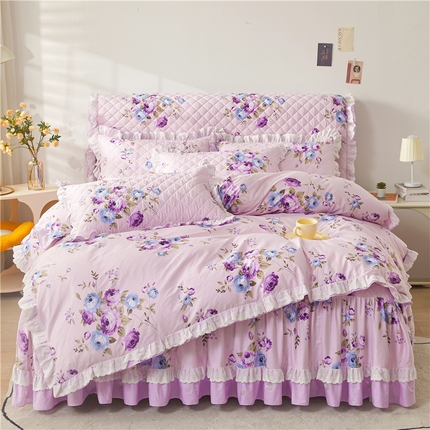 91家纺网 家纺一手货源 找家纺 十个点 2024新款全棉印花夹棉韩版蕾丝床裙床头罩四件套 紫色恋人