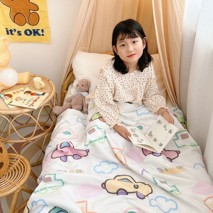 91家纺网 家纺一手货源 找家纺 鱼宝 2023新款40支全棉无荧光儿童夏被 涂鸦小车