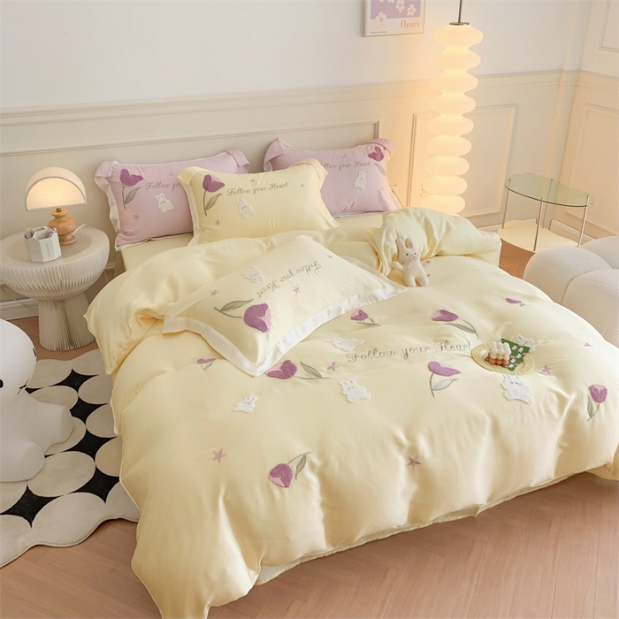 91家纺网 家纺一手货源 找家纺 MIU缪家居 2023新款80支兰精天丝四件套甜啦啦 黄