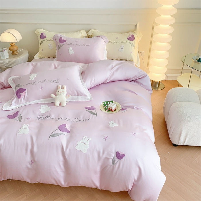 91家纺网 家纺一手货源 找家纺 MIU缪家居 2023新款80支兰精天丝四件套甜啦啦 粉