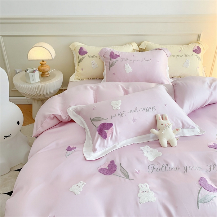 91家纺网 家纺一手货源 找家纺 MIU缪家居 2023新款80支兰精天丝四件套甜啦啦 粉