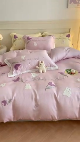 91家纺网 家纺一手货源 找家纺 MIU缪家居 2023新款80支兰精天丝四件套甜啦啦 粉