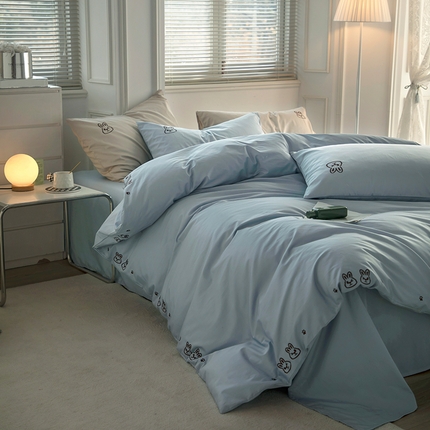 网客家纺 2024新款100支长绒棉兔子绣花四件套 小兔崽子-蓝