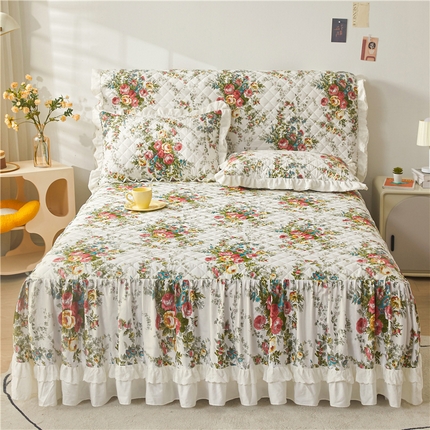 十个点 2024新款全棉印花夹棉韩版蕾丝床裙三件套  纯爱-夹棉