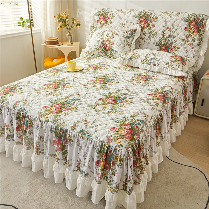 91家纺网 家纺一手货源 找家纺 十个点 2024新款全棉印花夹棉韩版蕾丝床裙三件套  纯爱-夹棉