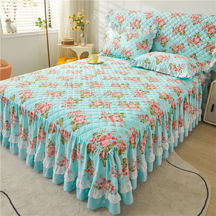 91家纺网 家纺一手货源 找家纺 十个点 2024新款全棉印花夹棉韩版蕾丝床裙三件套  兰若秋思-夹棉