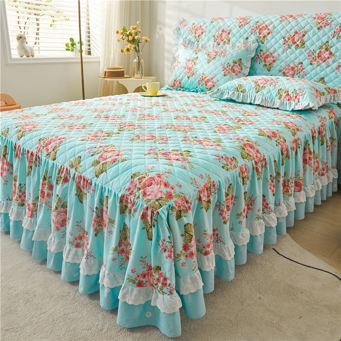 91家纺网 家纺一手货源 找家纺 十个点 2024新款全棉印花夹棉韩版蕾丝床裙三件套  兰若秋思-夹棉